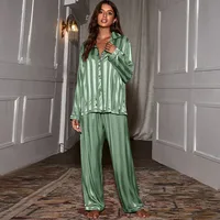 Ladies' spring and autumn pajama set, with a lapel jacquard wide stripe cardigan and long pants, a loose and casual two-piece ho - Image 2
