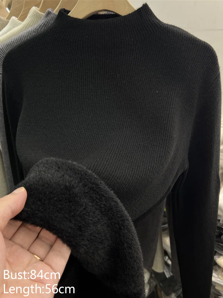 Autumn and Winter New Women's Long-sleeved Sweater Semi-turtleneck Integrated Fleece Knitwear Solid Color Bottoming Top