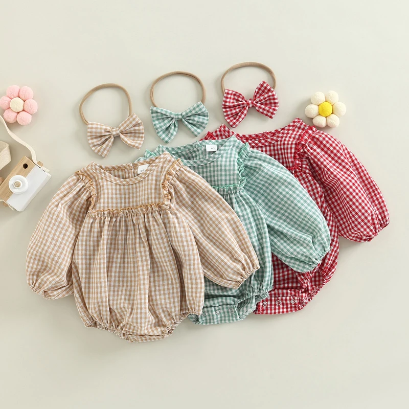 Infant Newborn Baby Girl Romper Plaid Round Neck Lantern Long Sleeve
