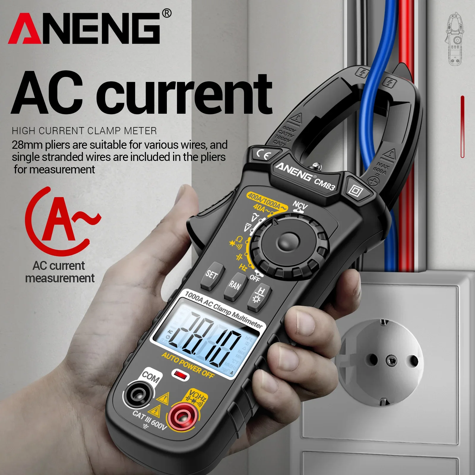 ANENG CM83 클램프 미터 1000A AC 전류 600V AC/DC 전압 4000 카운팅, NCV/정전용량/저항/주파수 측정 기능 포함