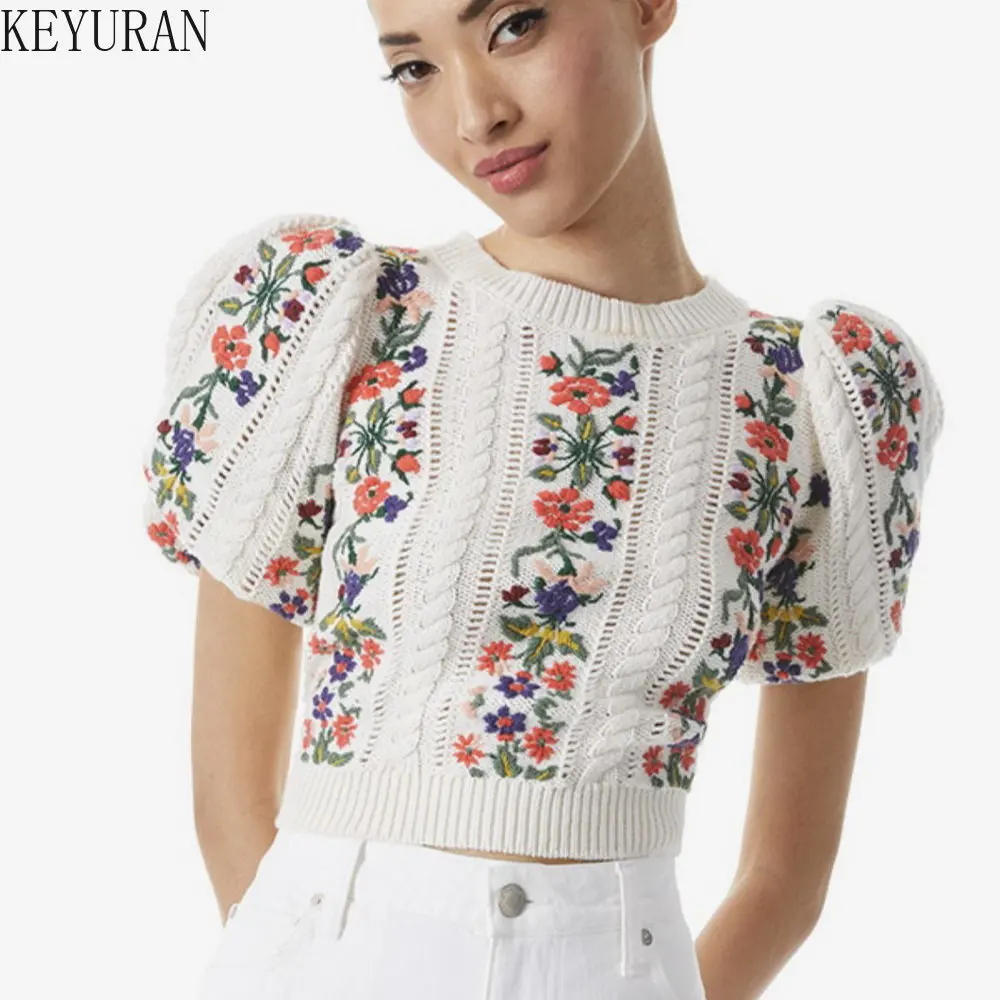 Flower Embroidery Short Sleeve Sweater Women Fashion Hollow Out Design O-Neck Slim Pullover Knitwear Crop Top 2023 Spring Summer