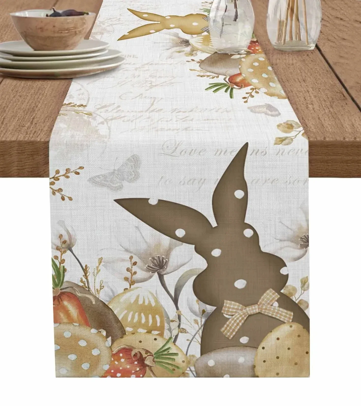 Easter Bunny Spring Flowers Linen Table Runner Washable Dresser Scarves Table Decor Festival Wedding Kitchen Decor Table Runner 6