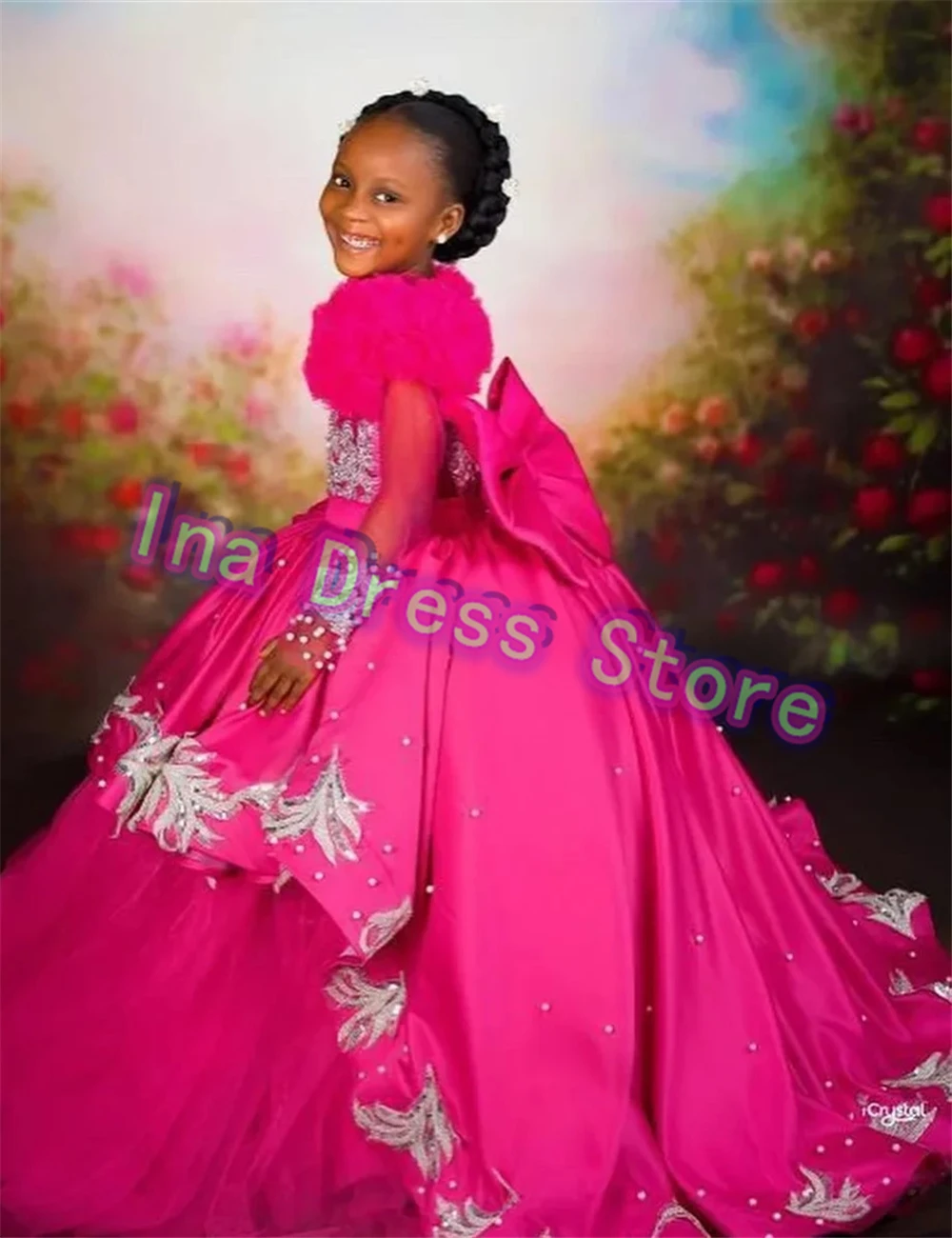Gorgeous Satin Flower Girl Dress Pink White Appliqu&eacute; for Wedding Little Princess Kids Birthday Party Pageant Prom Ball Gowns