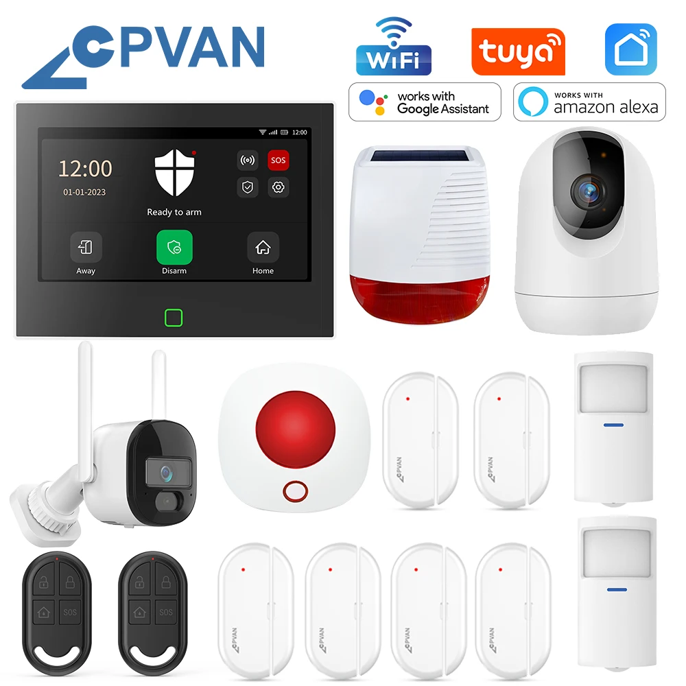 

CPVAN Tuya Smart Home Alarm System Wireless WiFi Home burglar Security Protection Alarm built-in 5000mAh Battery 7-inch screen