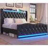 Large Bed Frame with Bed Tail, Charging Station, PU Leather Cushioned Platform, Large Bed with Wing Back Storage Headboard 1