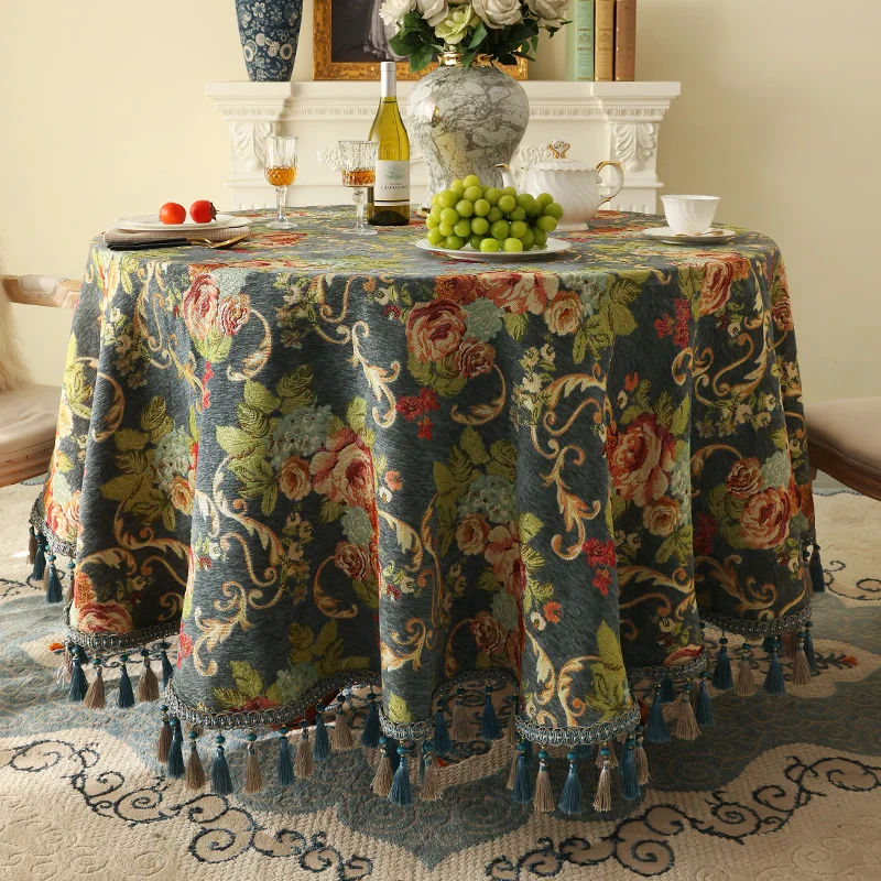 Tassel Tablecloth Round Chenille Dining Tables Cloth Home Decoration Jacquard Embroidery Flower European Coffee Table Cover - Image 3