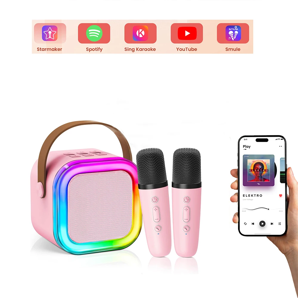 12 Pink Mini Machine, The Best Christmas Birthday Gift, Bluetooth Speaker With Wireless Microphone Player, Multiple_voghion.com