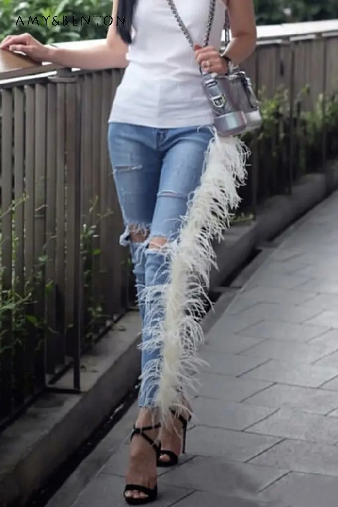 

Fashion Real Fur White Feather Wool Stitching Ripped Jeans Stretch Slimming Cropped Skinny Denim Pants Trousers for Women