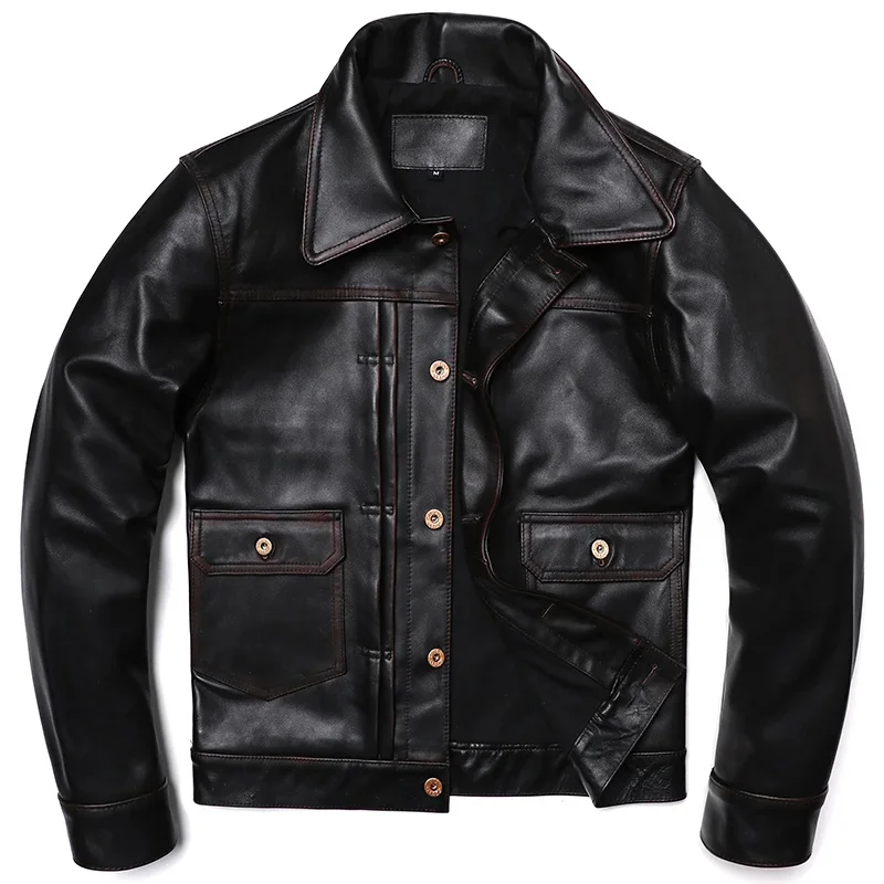 

2024 New Vintage Leather Jacket Men's Classic 506 Denim Coat Tea Core Horsehide Genuine Natural Clothes Slim Jackets