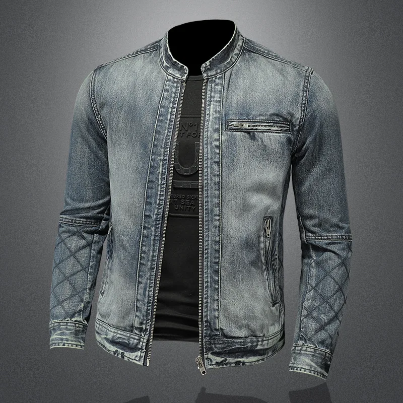 

European Jacket Men's Denim and American Style High Quality Standing Collar Denim Jacket Motorcycle Wear Trend Large Size Sting