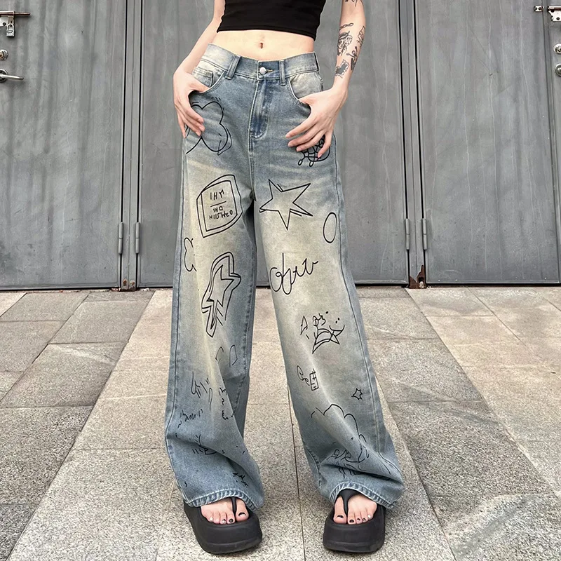 

Trendy Simple High-Waisted Loose Girls Graffiti Print Jeans for Autumn, Slimming and Relaxed Straight-Leg Women's Denim Pants