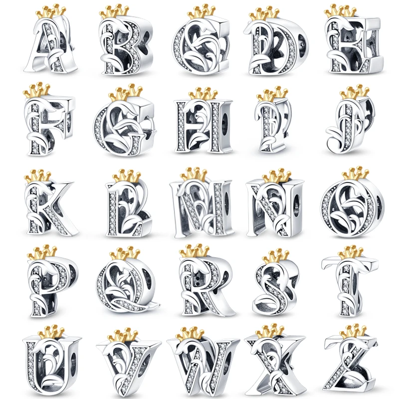 

Real 925 Silver Golden Crown 26 English Letters Charms Fit Original Pandora Bracelet Diy Alphabet Beads Jewelry Gift Making