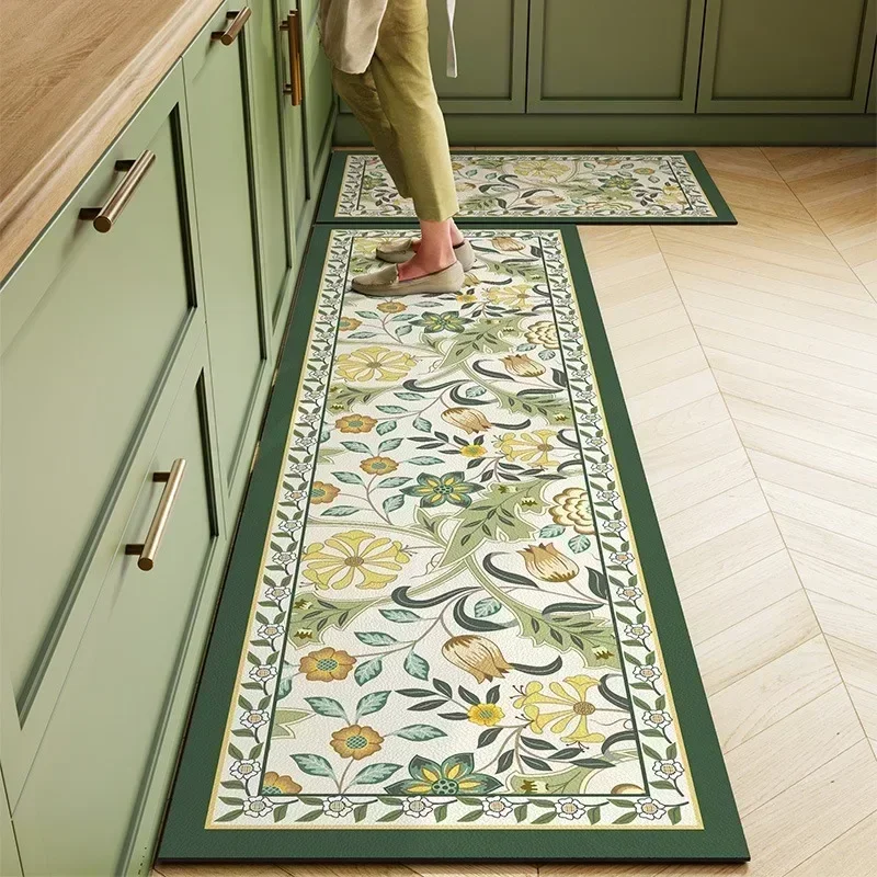Kitchen Carpet PVC Leather Waterproof Floor Mat Non-slip Oil Proof Foot Mats Long Rug Spring Green Flower Home Decoration Rugs 3
