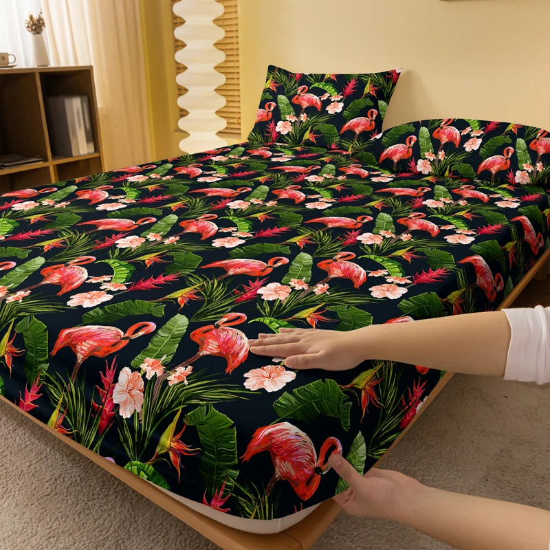 1pcs Flamingo Banana Pattern Brushed Fitted Sheet, Printed Bed Cover For Bedroom,Bedding (Excluding Pillowcases) 2