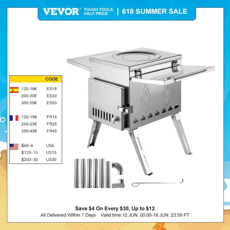 Vevor Tent Wood Stove 304 Stainless Steel W/folding Pipe Wood Stove