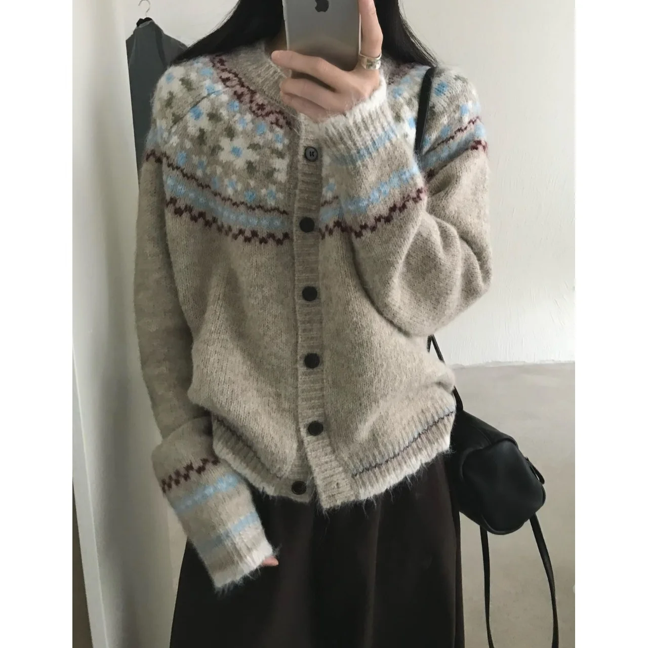 Women's Casual Knitwear Coat Autumn Winter New Style Versatile Lazy Style Fair Isle Embroidery Long Sleeve Loose Fit Cardigan