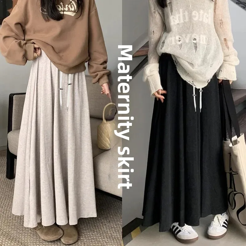 Maternity High Waist A- Line Skirt Spring Autumn Rice Noodle Long Skirt Support Belly High Height Autumn Winter