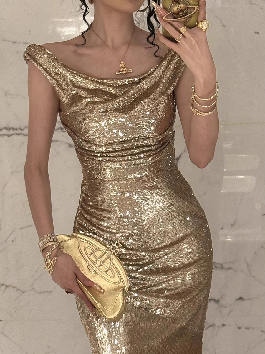 REDDACHiC أنيقة القلنسوة الرقبة المرأة بريق فستان...