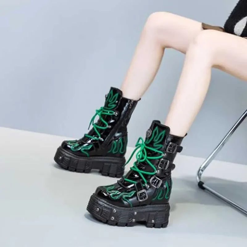 Krasovki 12cm Patent Genuine Leather Motorcycle Boots Women Boots Platform Wedge Ankle Punk Knee High Booties Women Combat Boots 9 S6b44d2b61e4246bfb8c66c9eb94503caG