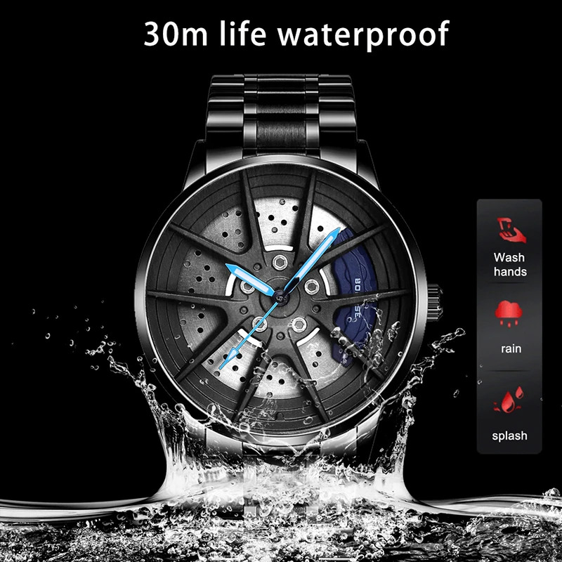 BORUSE 2024 Fashion Mens Car Wheel Watches Luxury Stainless Steel Waterproof Watch for Men Quartz Wristwatch reloj hombre
