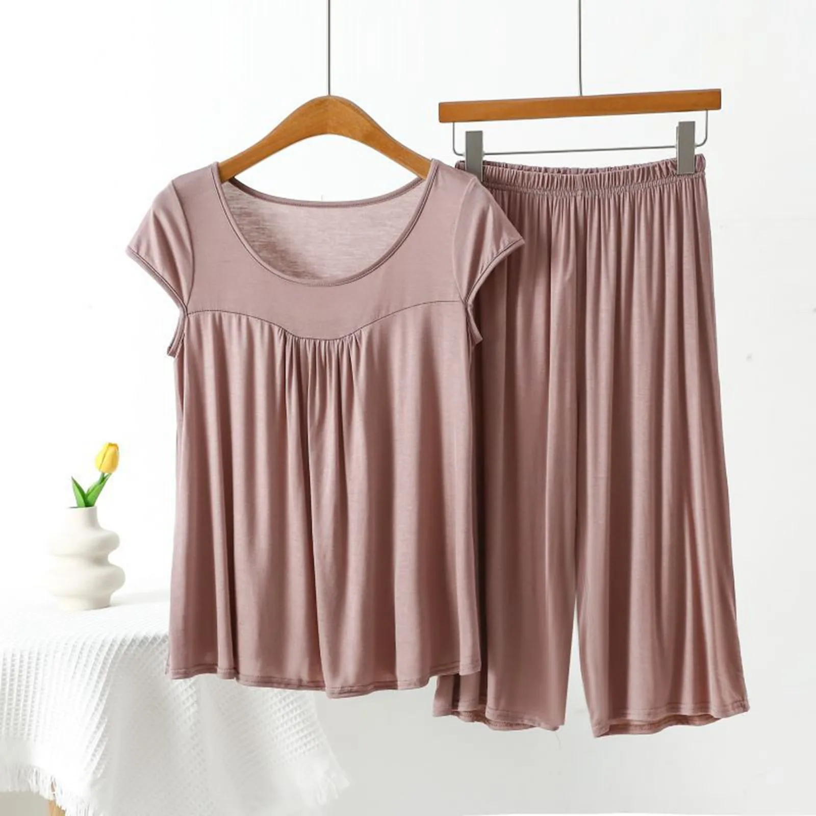 

Женский летний пижамный комплект из топа без рукавов и брюк-капри, свободная плиссированная рубашка для сна с сексуальными летними платьями для женщин