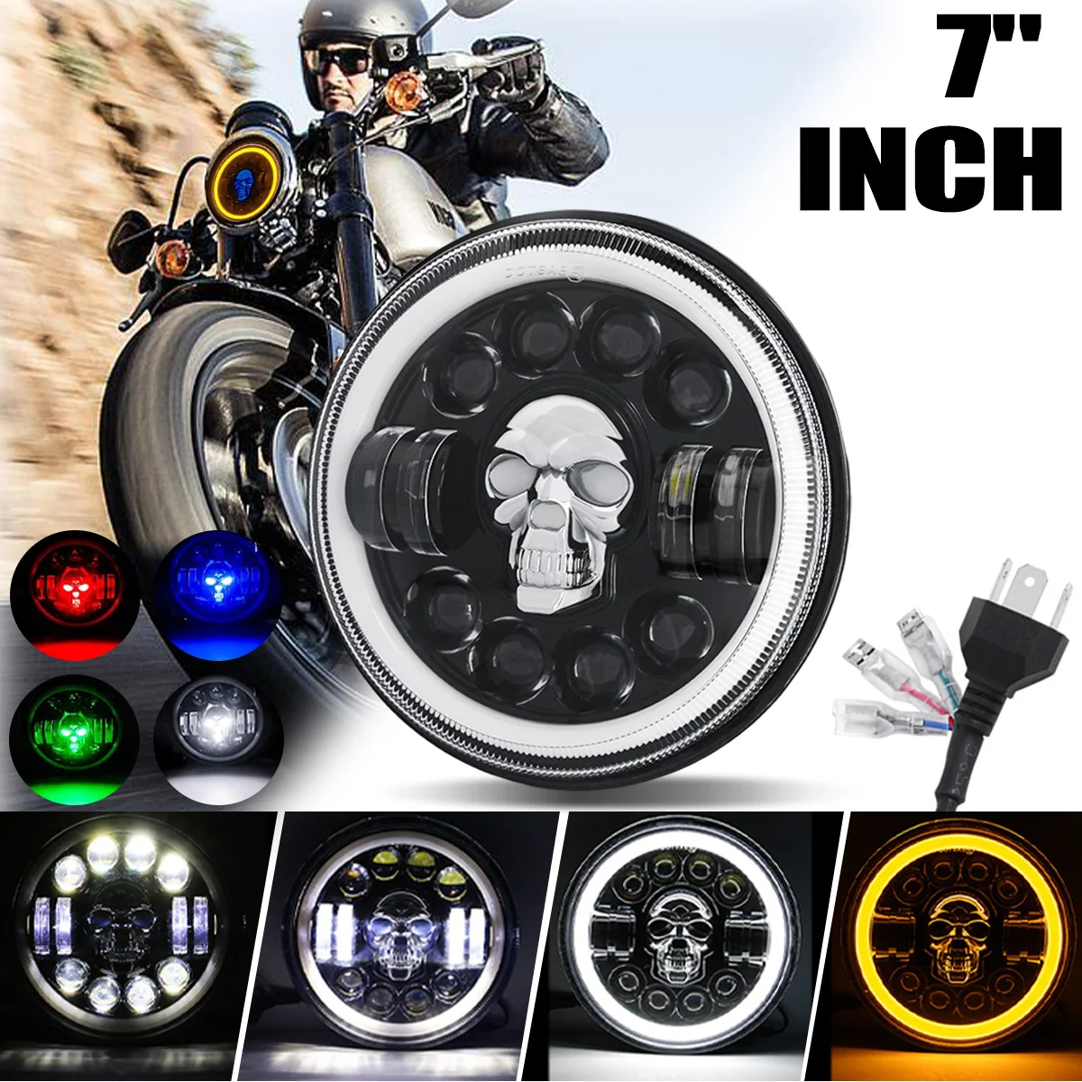 

7" Round Skull Headlight with Dual Aperture for Wrangler Harleys, Car and Motorcycle Lights Lamps