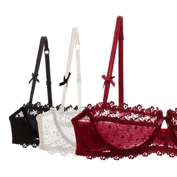 Plus Size Sexy Half Cup Lace Bra Sheer Mesh Unlined Bralette for Women A D Cup, Invisible Push Up Underwire Lingerie Set 1