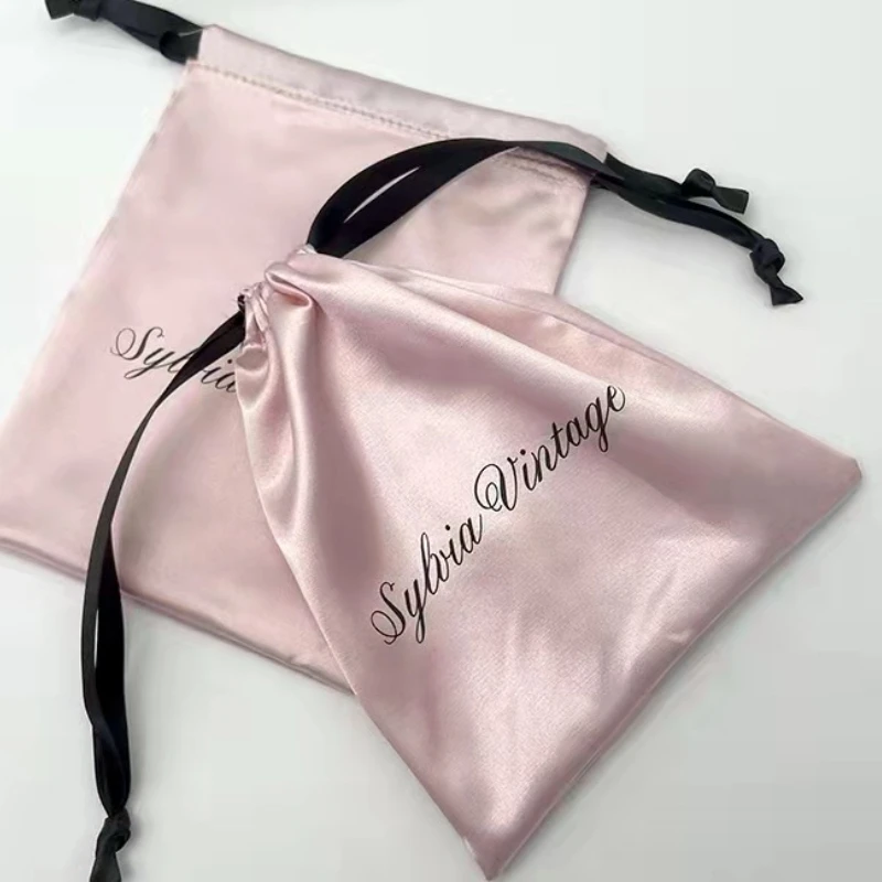 Luxury Satin Drawstring Pouch Silk Hair Bag Custom Packaging Jewelry  Cosmetic Makeup Shoe Storage Dustproof Sachet Print Logo 50