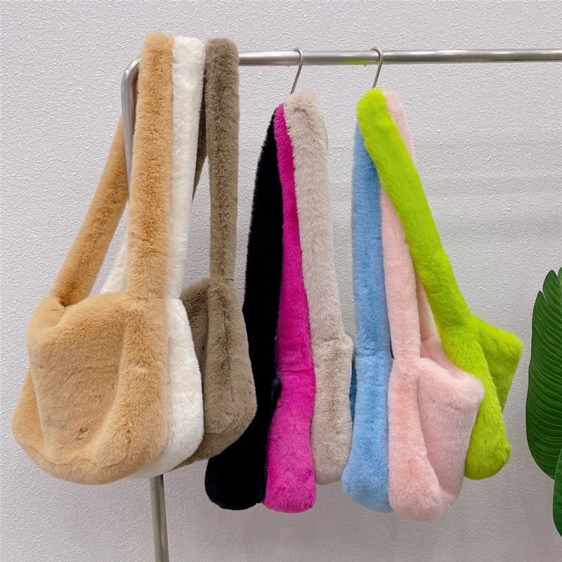 Fluffy Plush Women Shoulder Bag Designer Bag Faux Fur Bags for Women Winter Warm Soft Crossbody Bags Y2K Candy Color Square Tote