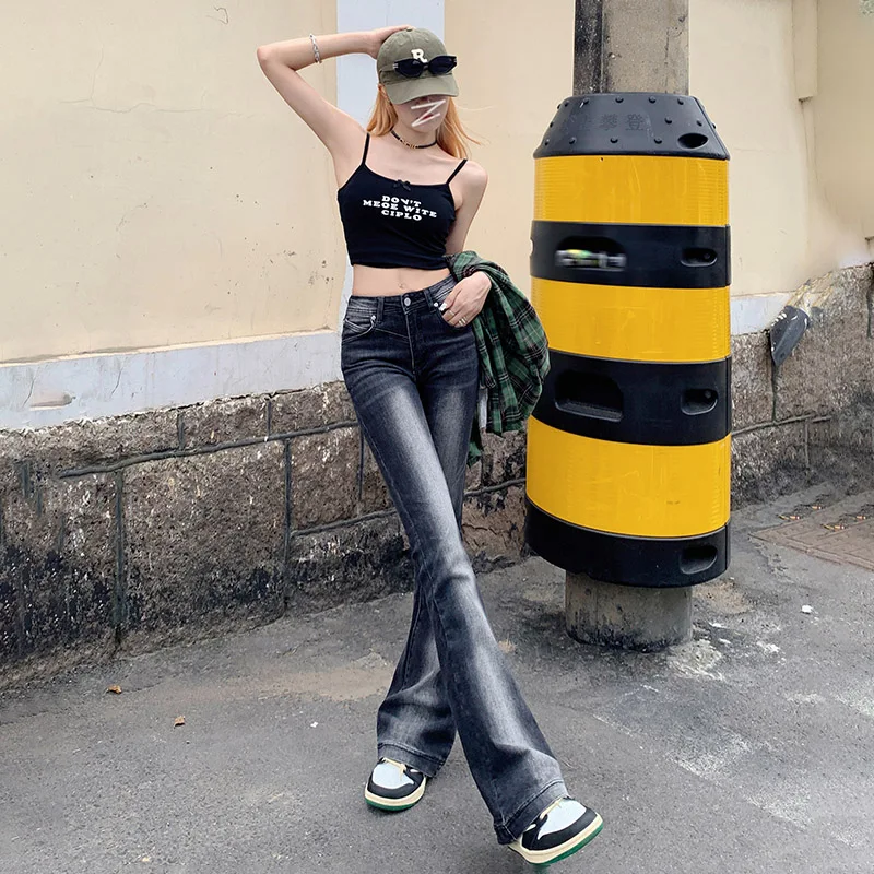

American Vintage Low Waist Elastic Flare Pants Gradual Fit Slim and Versatile Jeans for Women