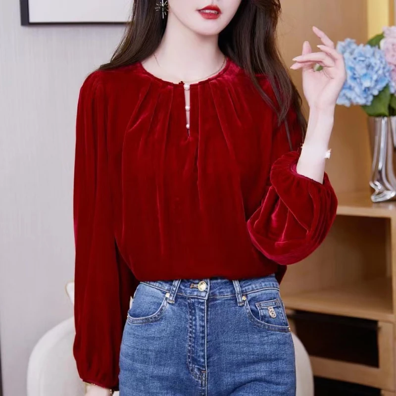 

Spring Fall Women Pearls Button Lantern Sleeve Wine Red Black Velvet Top Shirt , Woman 3xl 4xl Loose Velour Tops Shirts