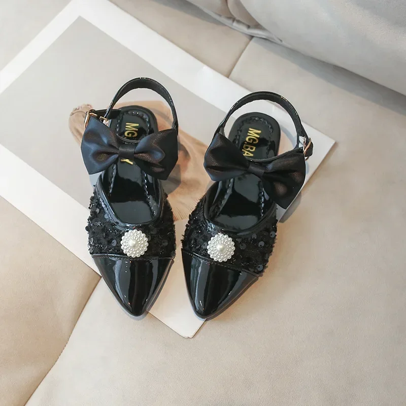 Children Leather Shoes for Girls 2024 Autumn New Fashion Comfortable Elegant Beading Bowtie Soft Sole Wedding Princess Shoes 5