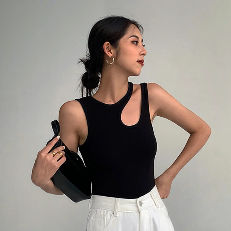 Casual y2k White Cut Out Women's T Shirt Round Neck Sleeveless Slim T Shirts Female Clothing 2022 Summer Fashion crop top women