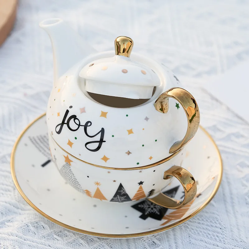 Christmas Pattern Ceramic Tea Set Gold Plated Craft Ceramic Portable Tea Set Personal Teapot Cup and Saucer Surprise Gift