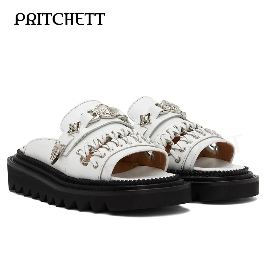 Retro Belt Buckle Open-Toe Slippers Black and White Round Toe Lace-Up Ring Platform Sandals Casual and Comfortable Women's Shoes