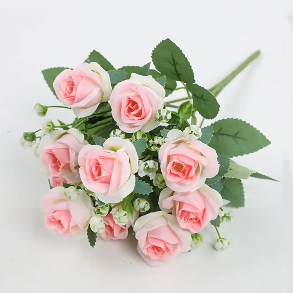 

Faux Silk Rose Bouquet Realistic Artificial Rose Flower Bouquet with Green Leaves Stem for Home Decoration Wedding Party Photo