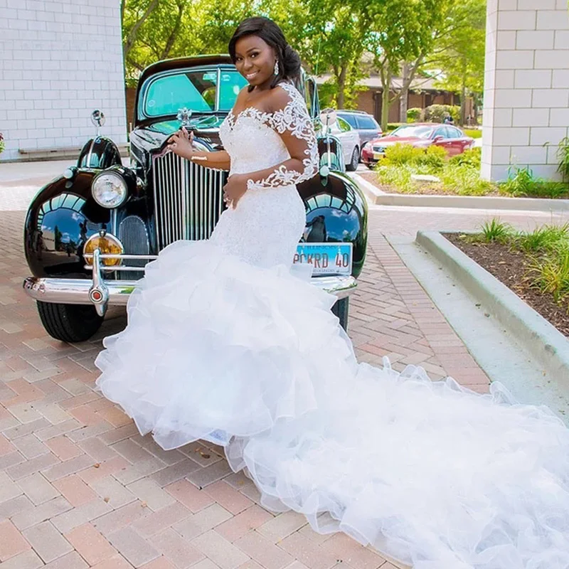 

New Styles Long Sleeves Ruffle African Mermaid Organza Beads Sheer Bride Dress Lace Big Train Wedding Gown