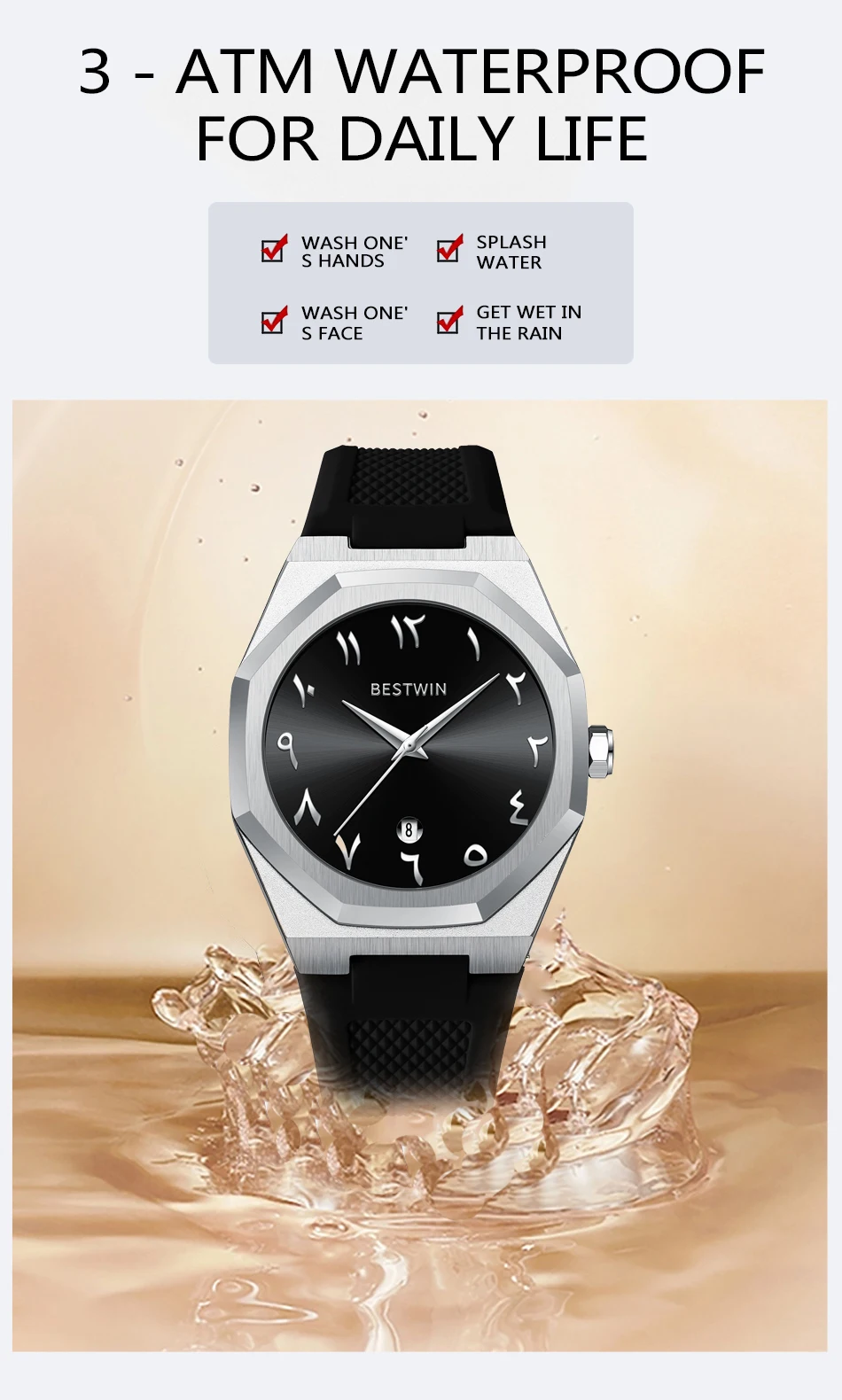 BESTWIN Fashion Luxury Arabic Men's Quartz Watch Business Casual Silicone Strap Mens Wristwatch Family Friends Birthday Gifts