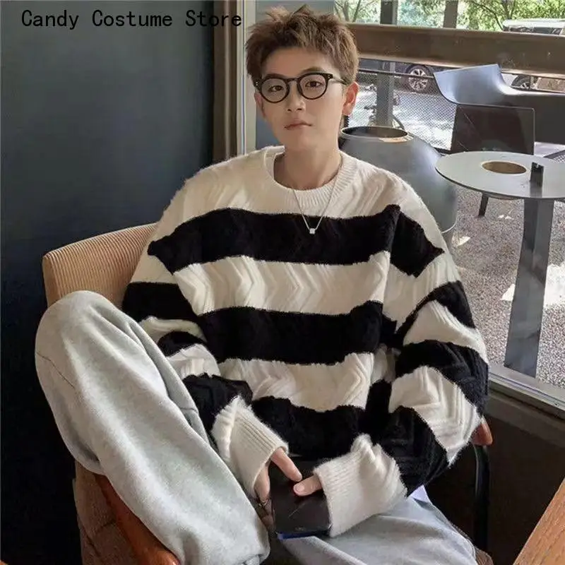 Sweater Stripe Streetwear Men's Sweater New Autumn Winter Hip Hop Sweater Loose Pullover O-Neck Tops Harajuku Couple Japan Style fashion hip hop streetwear couples jumper 2021 new harajuku women sweater butterfly jacquard o neck loose pullover for men