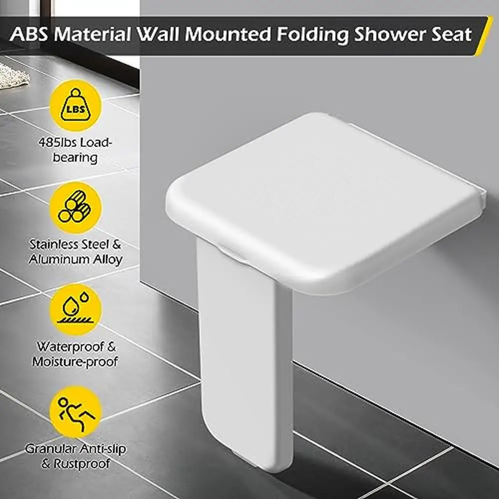 Folding Shower Seat Wall Mounted 485lbs Load-Bearing Flip-up Design Anti-slip ABS Material Seat Bathroom Hallway Sauna Room 3