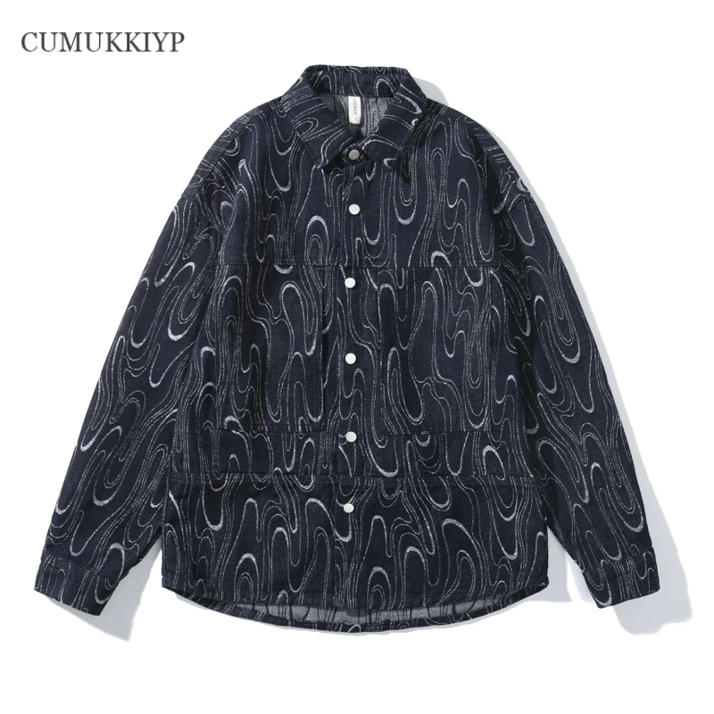 Vintage Wave Jacquard Denim Jacket Men Street-style Casual Loose Fit Outwear Cotton Coat Long Sleeve Male Clothing Size M-4XL