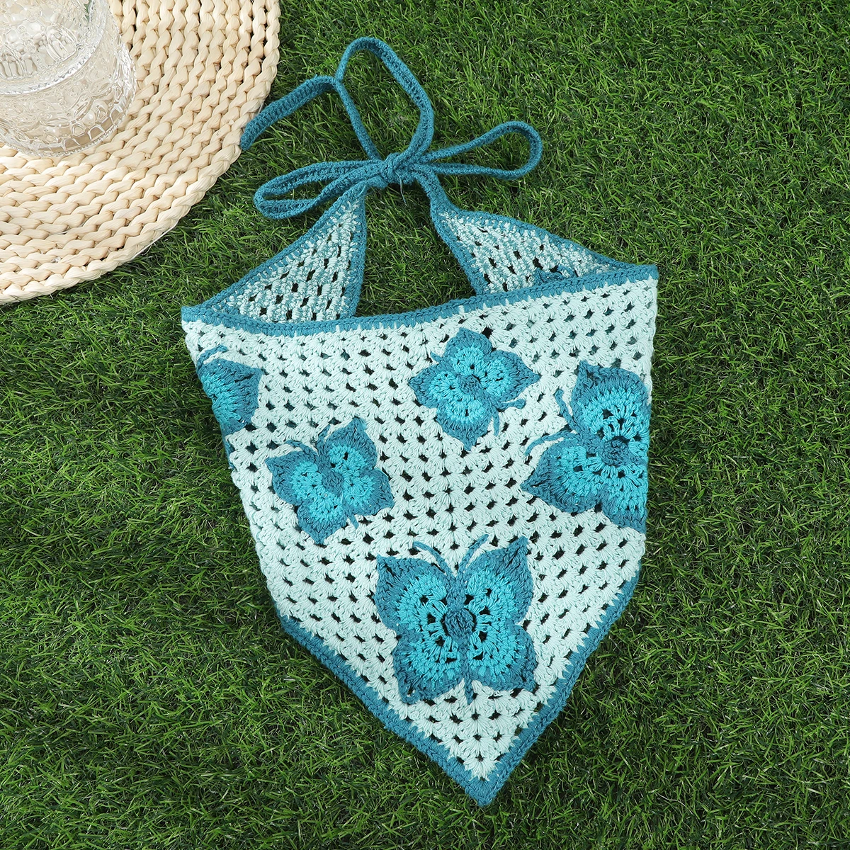 Knitted Butterfly Triangle Scarf Blue Bandana Hair Band For Women Crochet Flower Turban Headbands Summer Fashion Headwarp