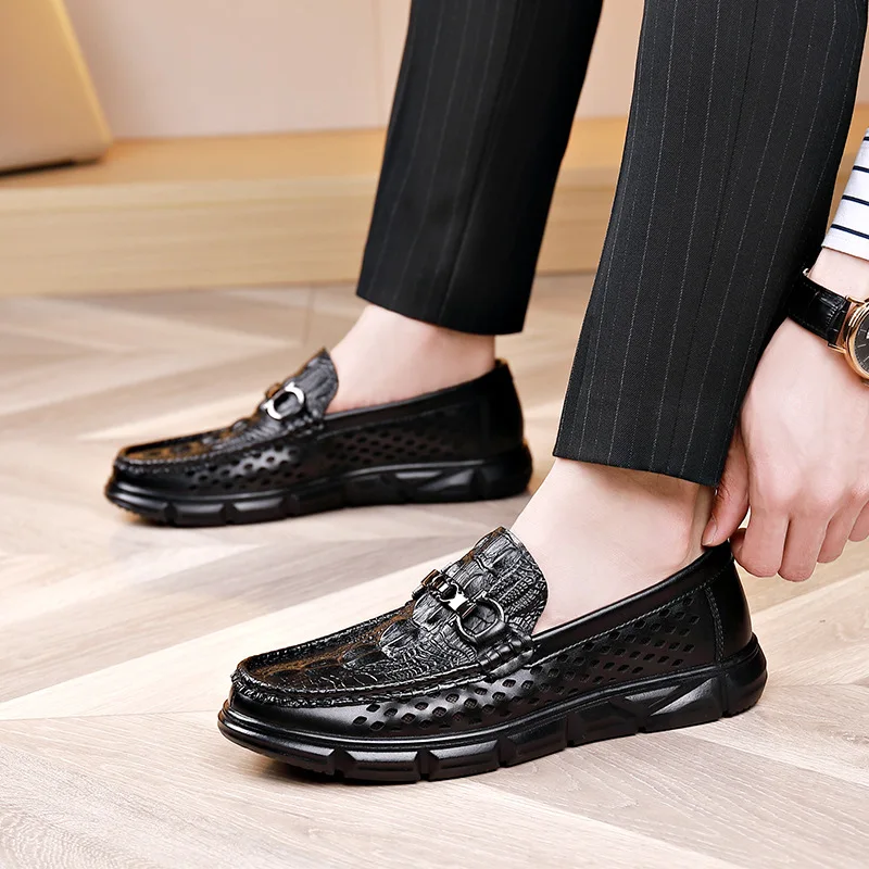 Spring New Shoes for Men Genuine Leather Casual Shoes Crocodile Print Cool Slip-on Loafers Soft Comfortable Flat Skate Shoes 2