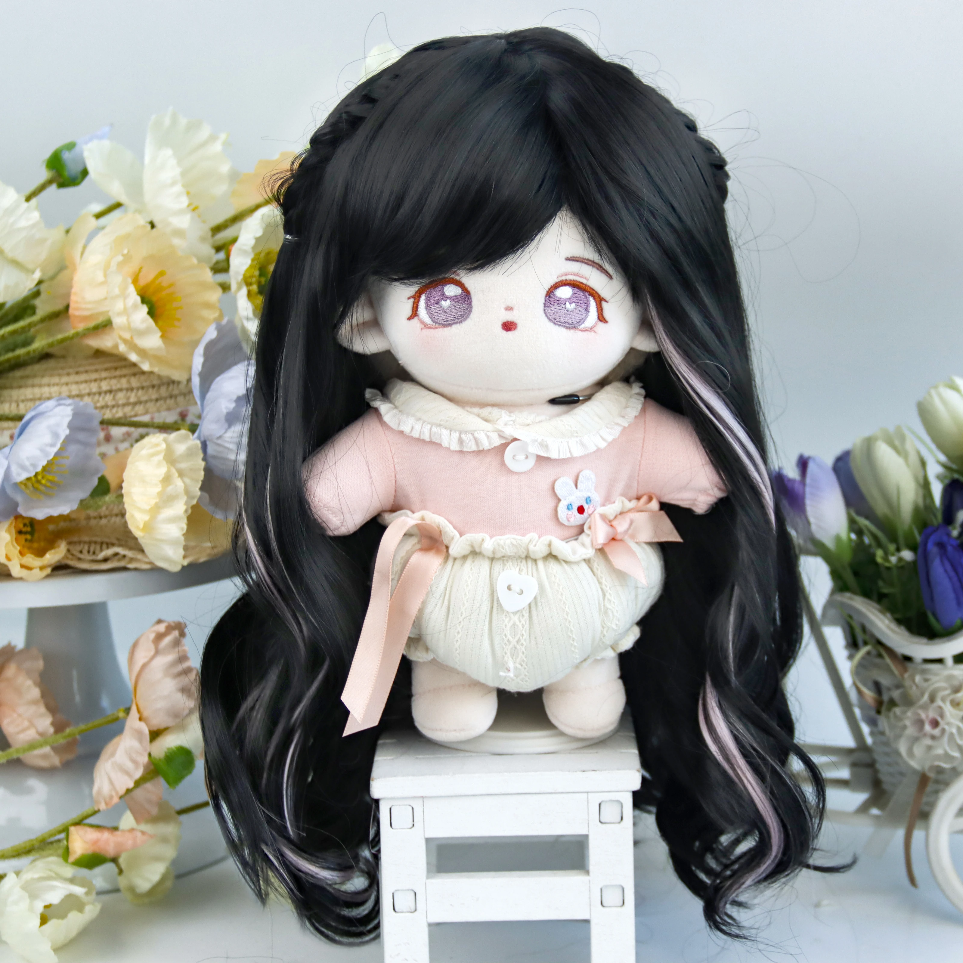 Doll wig long hair wave Black with pink braids  high temperature wire suitable for dolls with head circumference 36-38cm