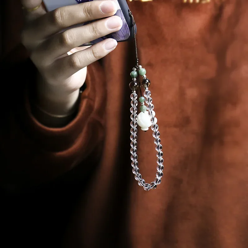 Natural White Crystal Tea Crystal Agate Bodhi Root Lotus Fashion Chinese Style Retro Phone Pendant Key Chain