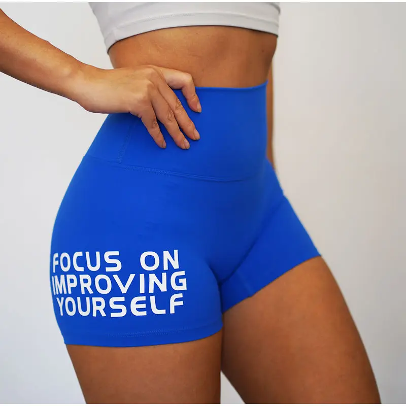 Sports Fitness Shorts Focus English Printing Women's Elastic High Waist Hip Lift Yoga Sports Cotton Shorts Women