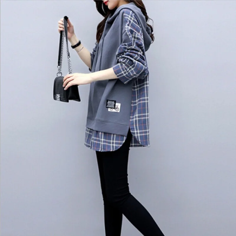 Women Fashion British Style Fake Two Piece Plaid Loose Spring Pullover Casual Patchwork Drawstring Hoodies Sweatshirts Female