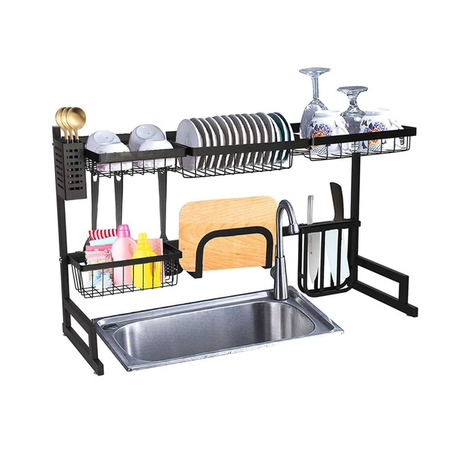 PUSDON Over Sink Dish Drying Rack (34-45) 3 Tier, 2 Cutlery Holders  Adjustable Dish Drainer for Kitchen Storage Countertop - AliExpress