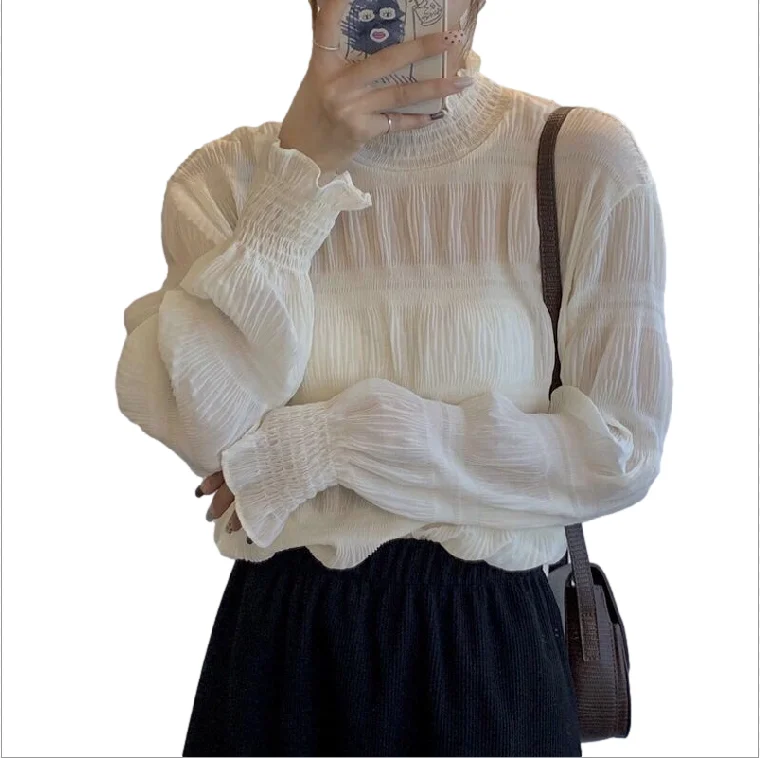 Chic Oversized Women's Chiffon irt Spring Autumn f High Collar Tulle Underwear Top Belly Cover Faionable Layered Sle