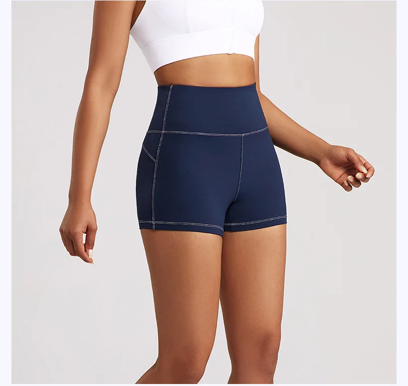 Hot Denim Fitness Women's High Waisted Sport Short Yoga Tennis Running Pilate Bottom with Pocket Tight Biker Shorts Workout Pant